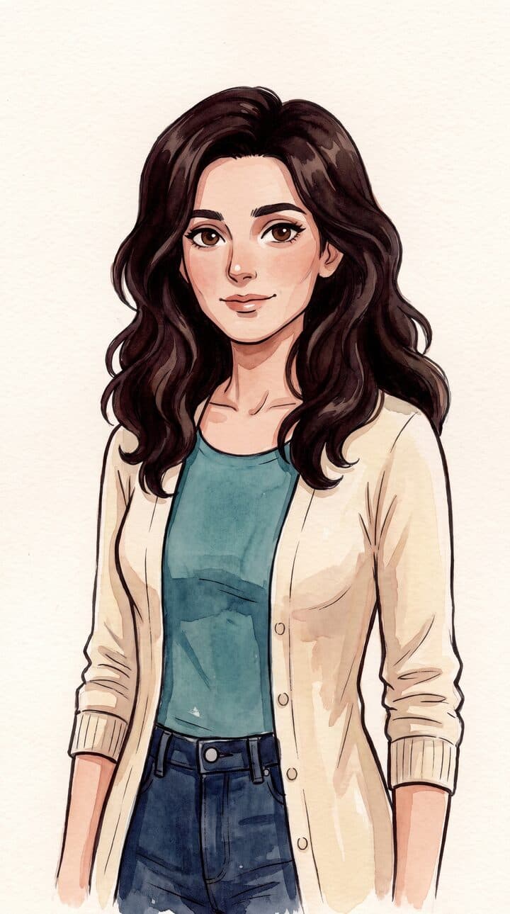 Mira, drawn in ink and wash, standing in a quiet full-length portrait