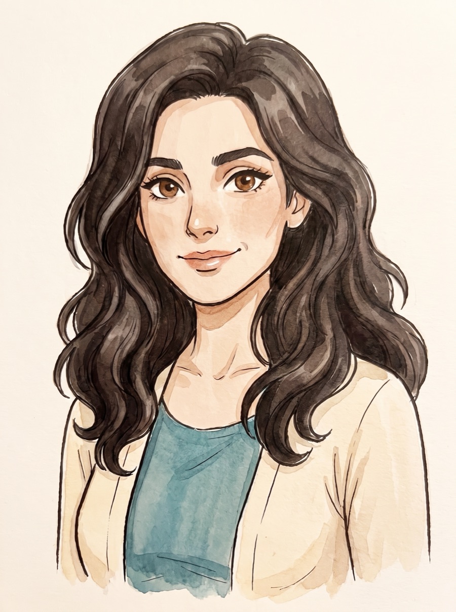Mira, drawn in ink and wash: a portrait of the illustrated guide who reads your chart